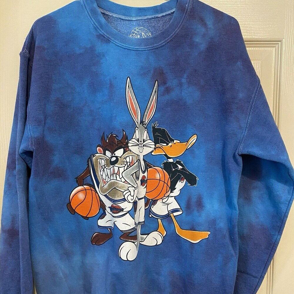 VTG SPACE JAM Looney Tunes Basketball Tie Dye Double Side Crew Neck Sweatshirt S